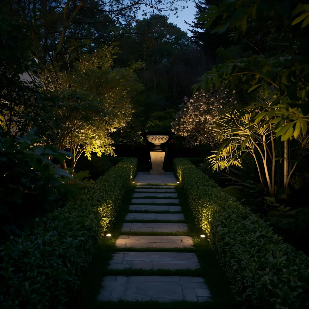 Beautiful garden with ambient lighting at night by Thefrynnzor